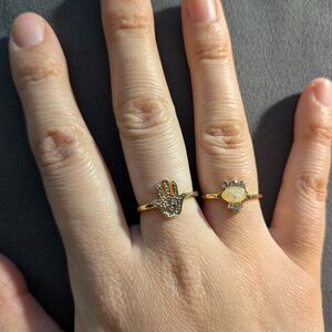 Gold Tone Hamsa and Synthetic Opal Ring Set